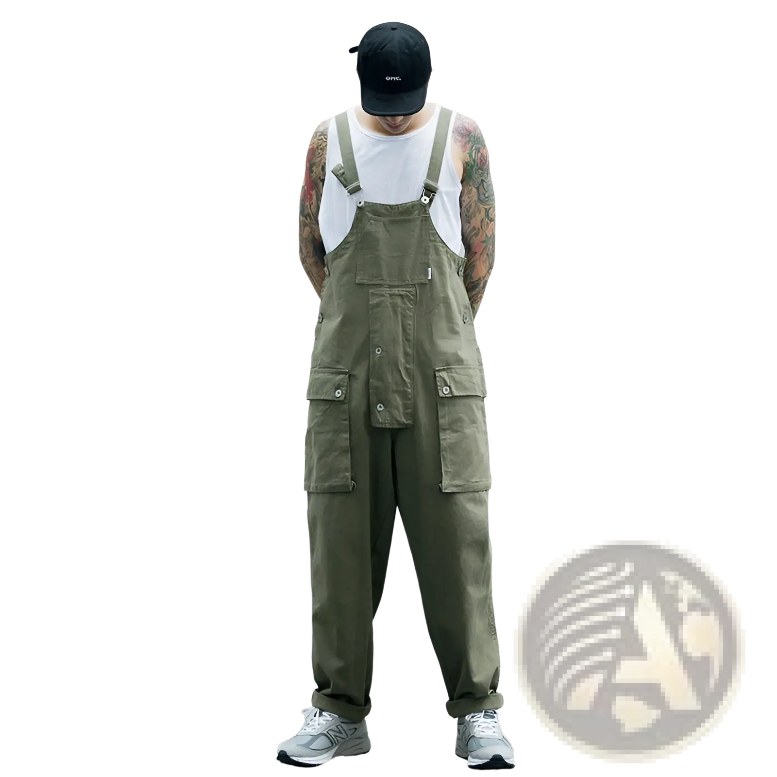 Olive green retro cargo overalls with multiple pockets and adjustable straps designed as straight work pants