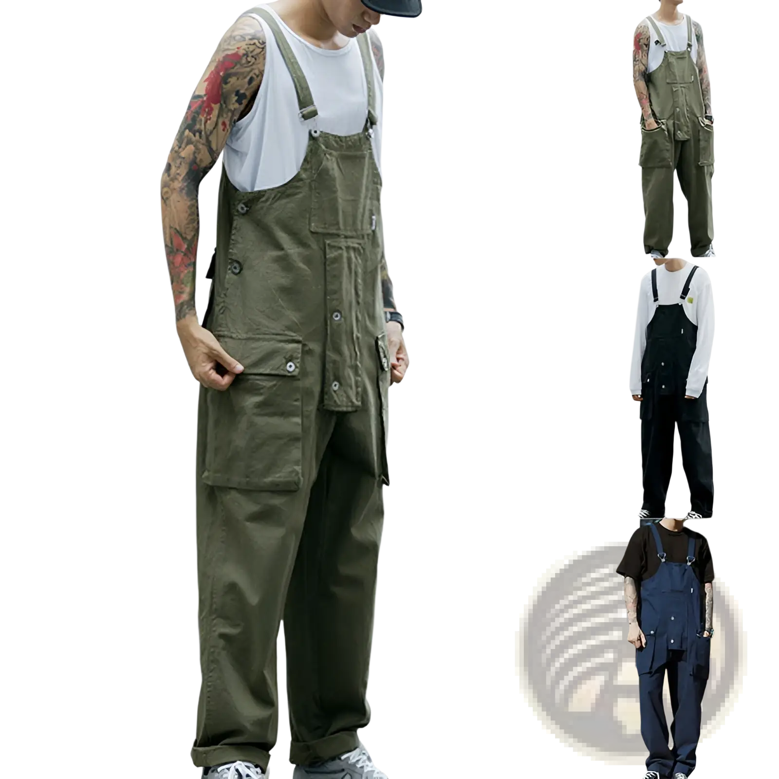 Olive green retro cargo overalls with multiple pockets and adjustable straps designed as straight work pants