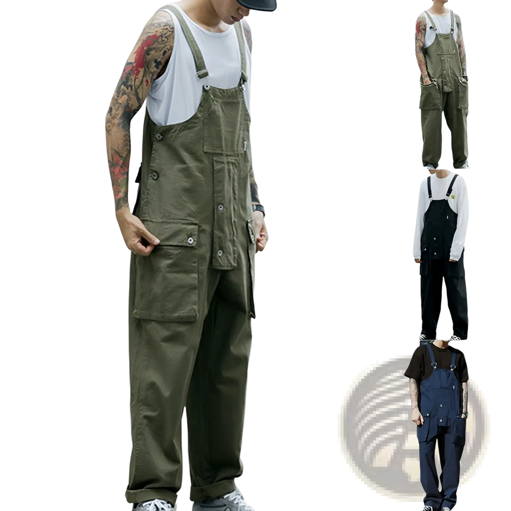 Olive green retro cargo overalls with multiple pockets and adjustable straps designed as straight work pants