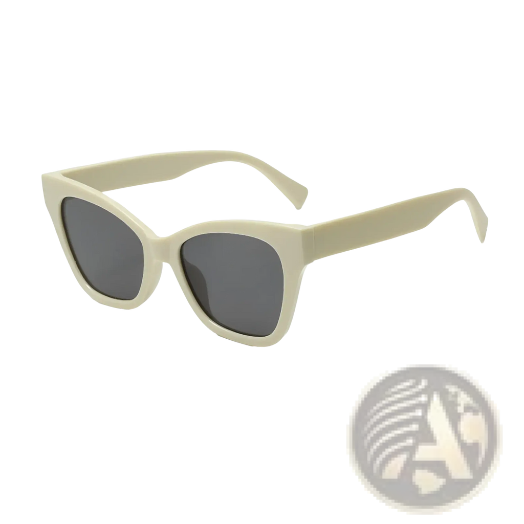 Cream-colored retro cat-eye fashion sunglasses with dark gray lenses a smooth matte finish and UV protection