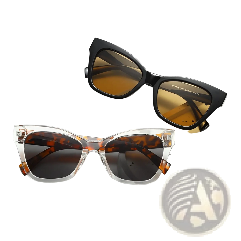 Retro cat eye fashion sunglasses with black and transparent tortoiseshell frames and amber tinted UV protection lenses