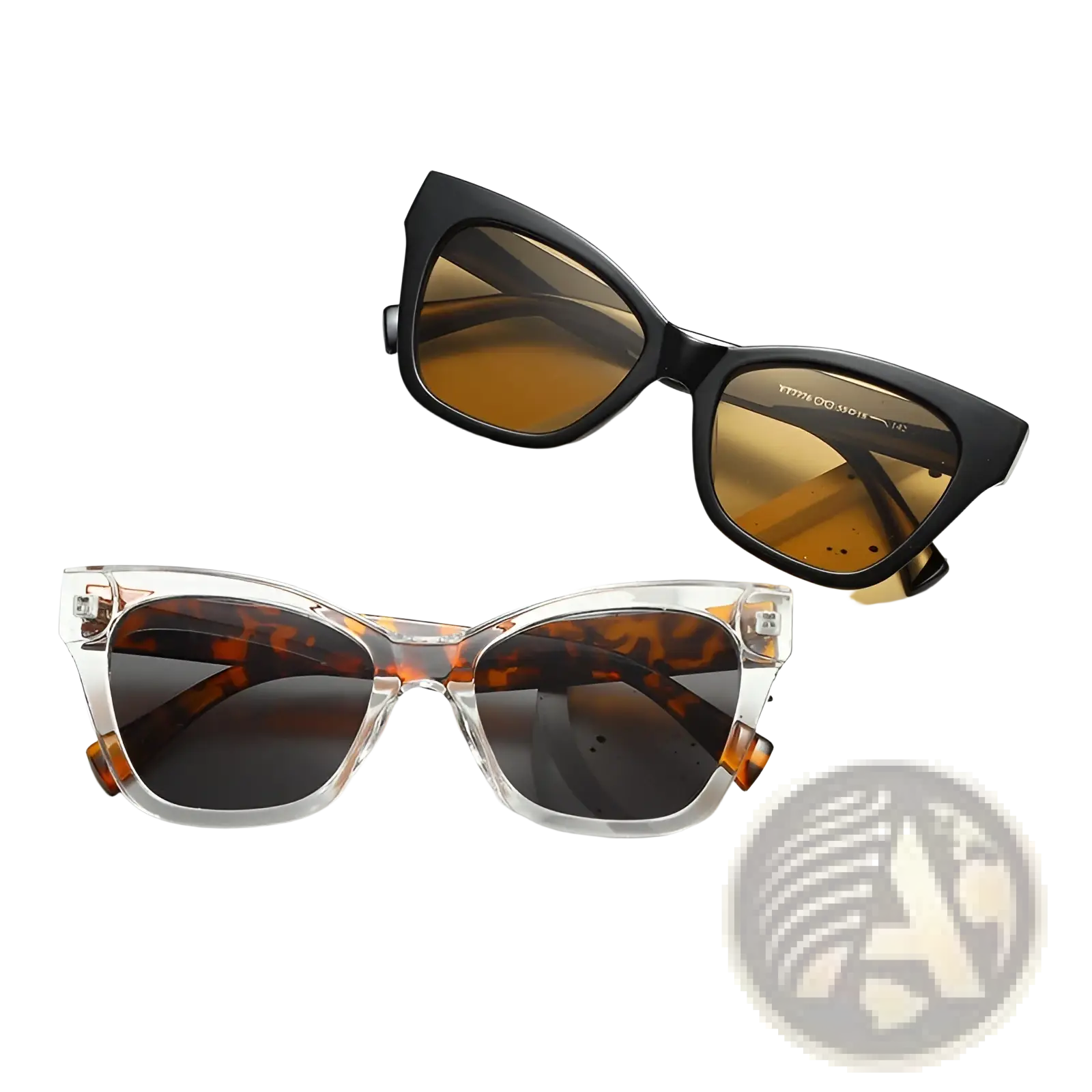 Retro cat eye fashion sunglasses with black and transparent tortoiseshell frames and amber tinted UV protection lenses