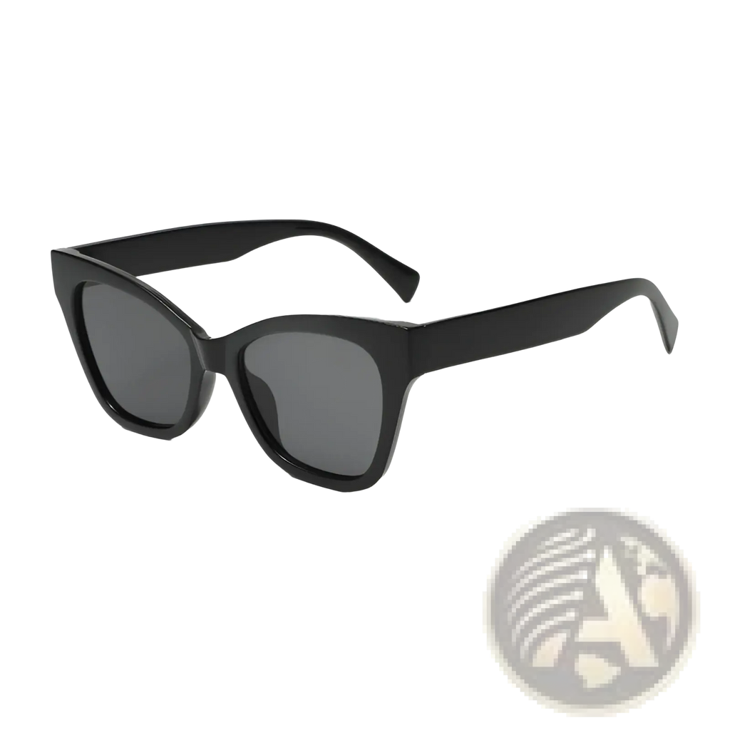 Black retro cat eye sunglasses with dark gray lenses and glossy plastic frame offering uv protection