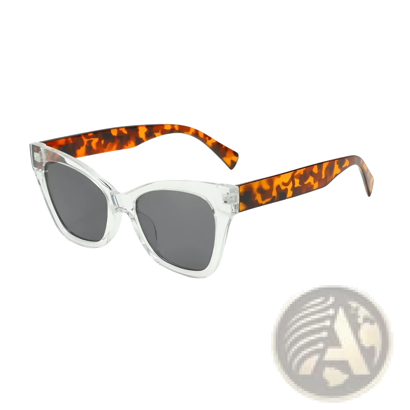 Clear-framed retro cat eye sunglasses with tortoiseshell temples and dark gray lenses offering uv protection