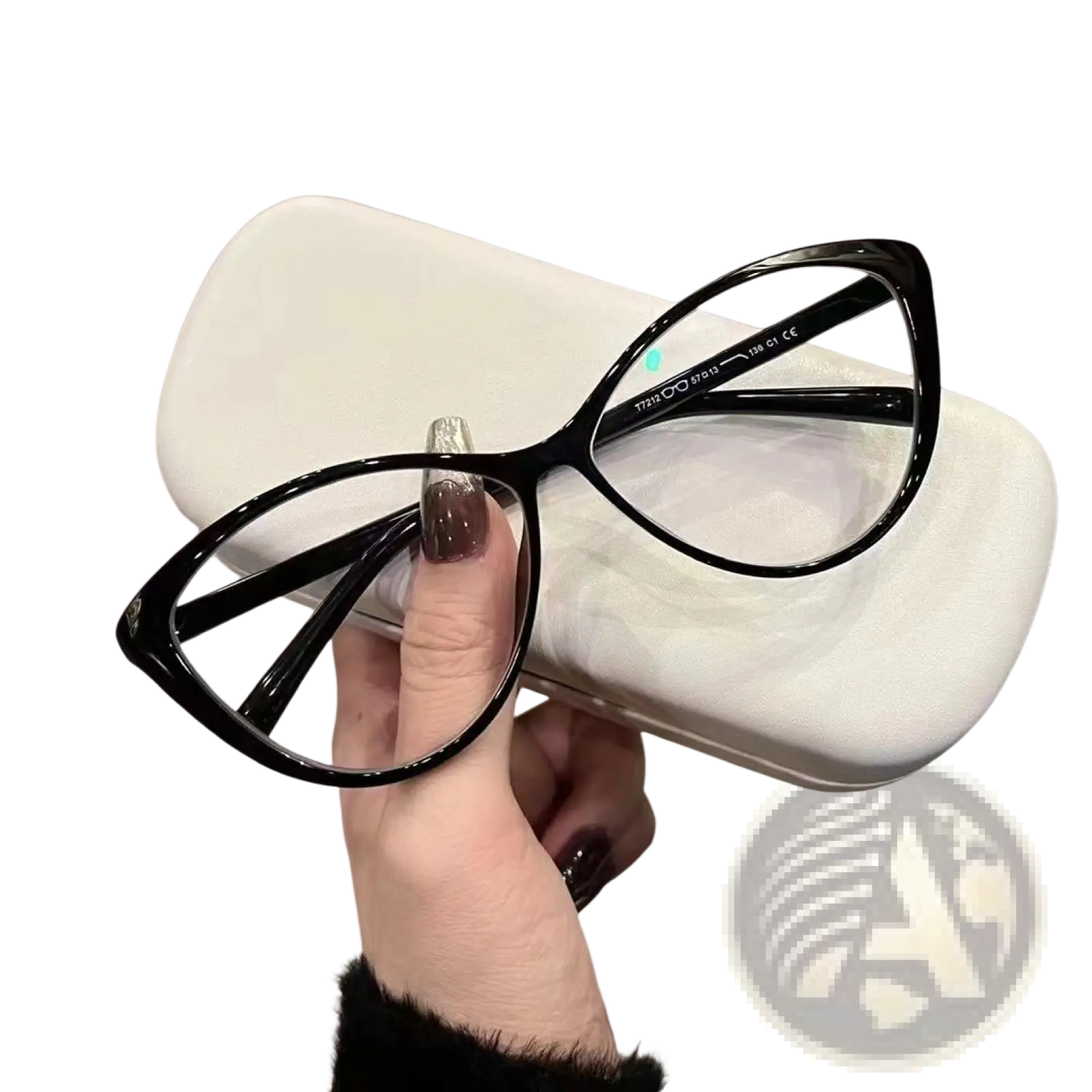 Black cat-eye uv380 lightweight fashion sunglasses with glossy finish held by hand against white case