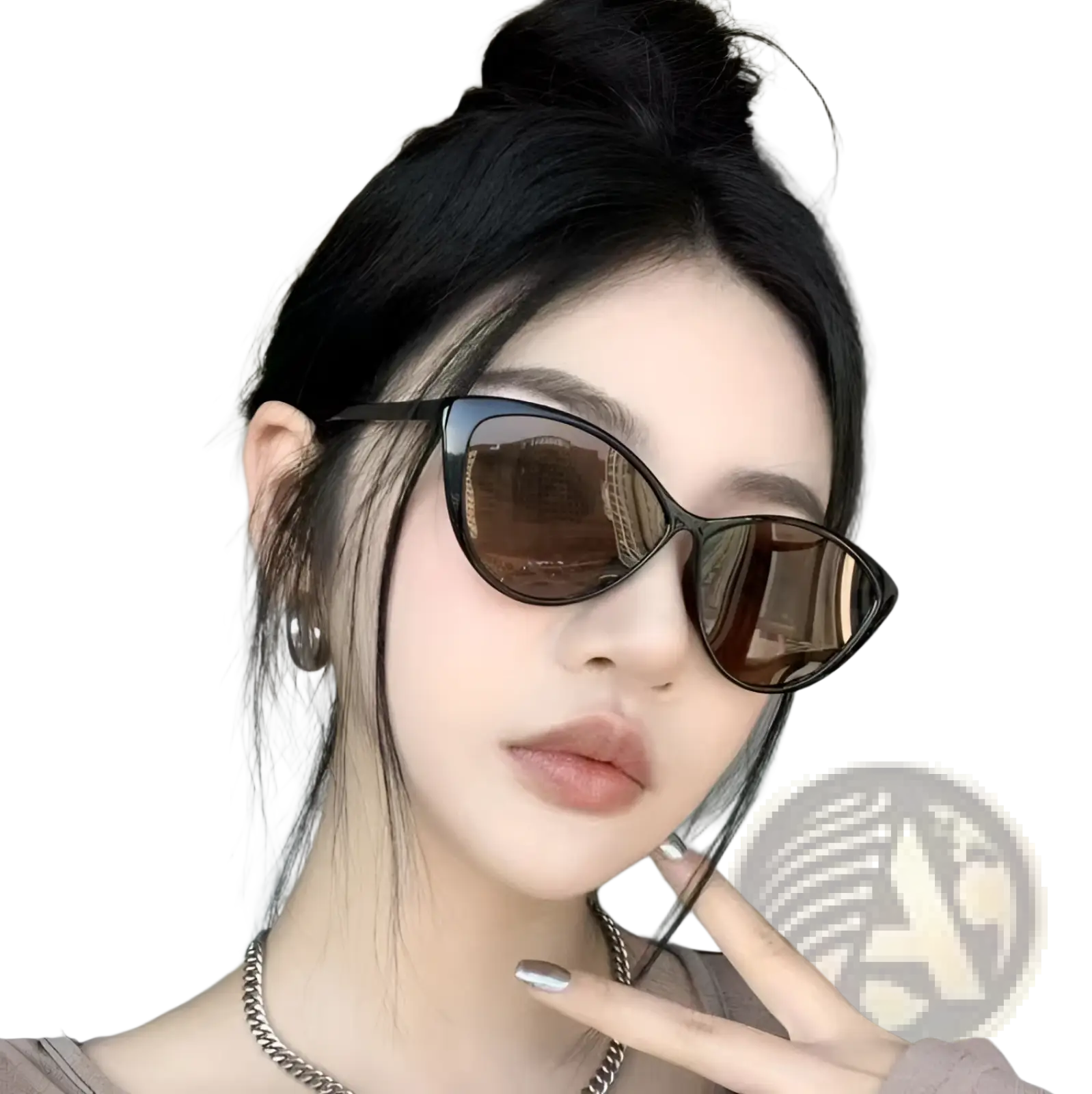Retro cat eye uv380 lightweight fashion sunglasses with dark brown mirrored lenses and sleek black frame