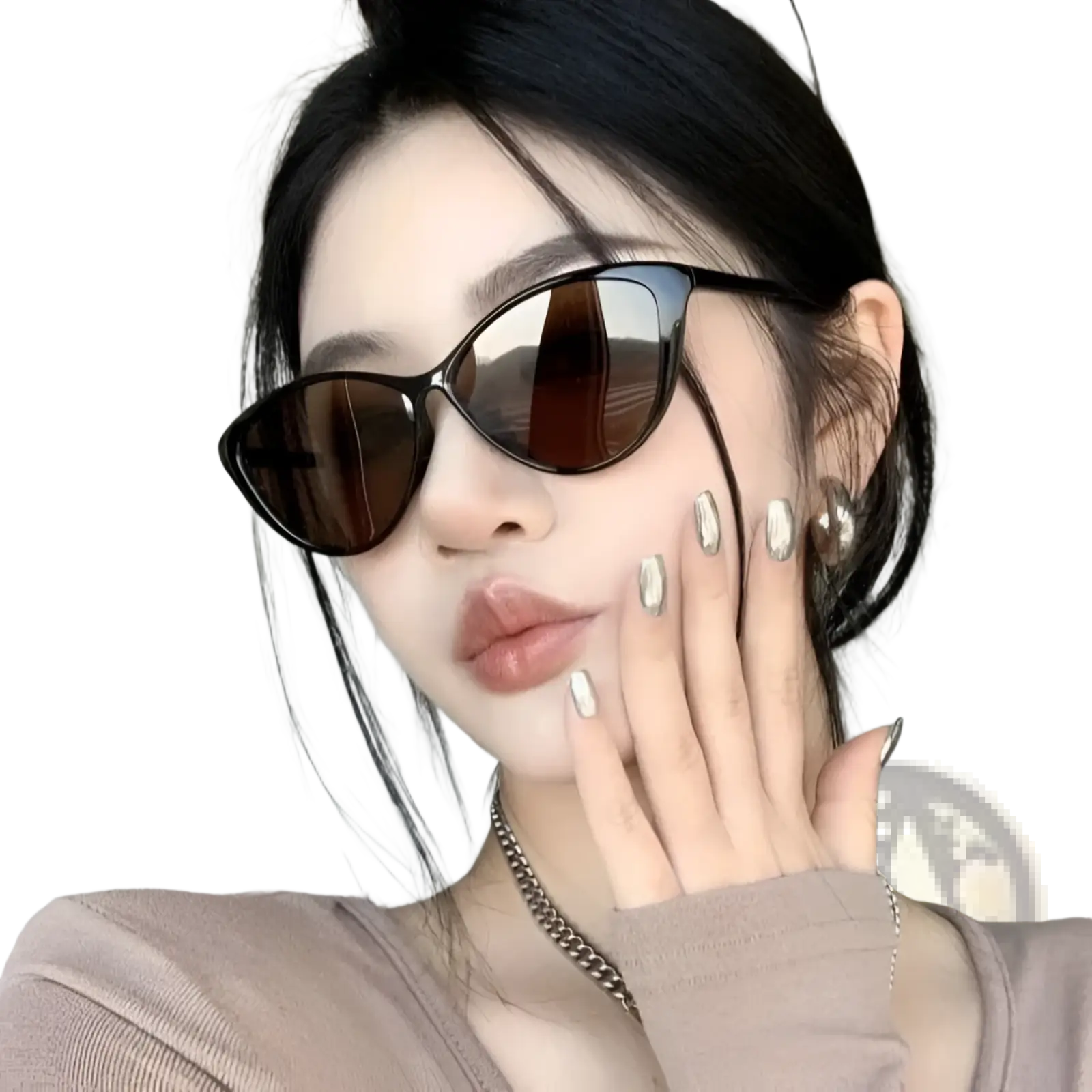 Black retro cat eye uv380 lightweight sunglasses with dark brown lenses and stylish black frames