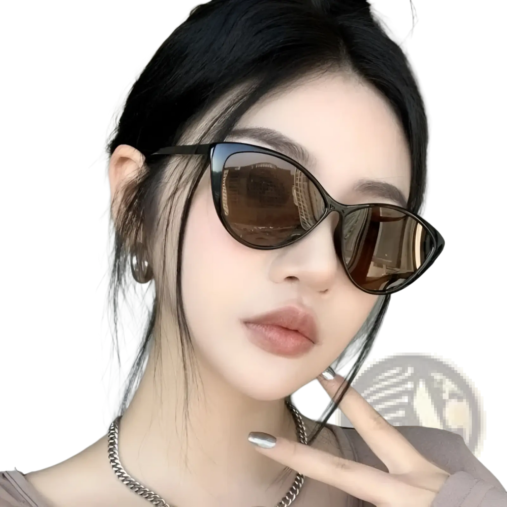 Retro cat eye uv380 lightweight fashion sunglasses with black frames and brown mirrored lenses for sun protection