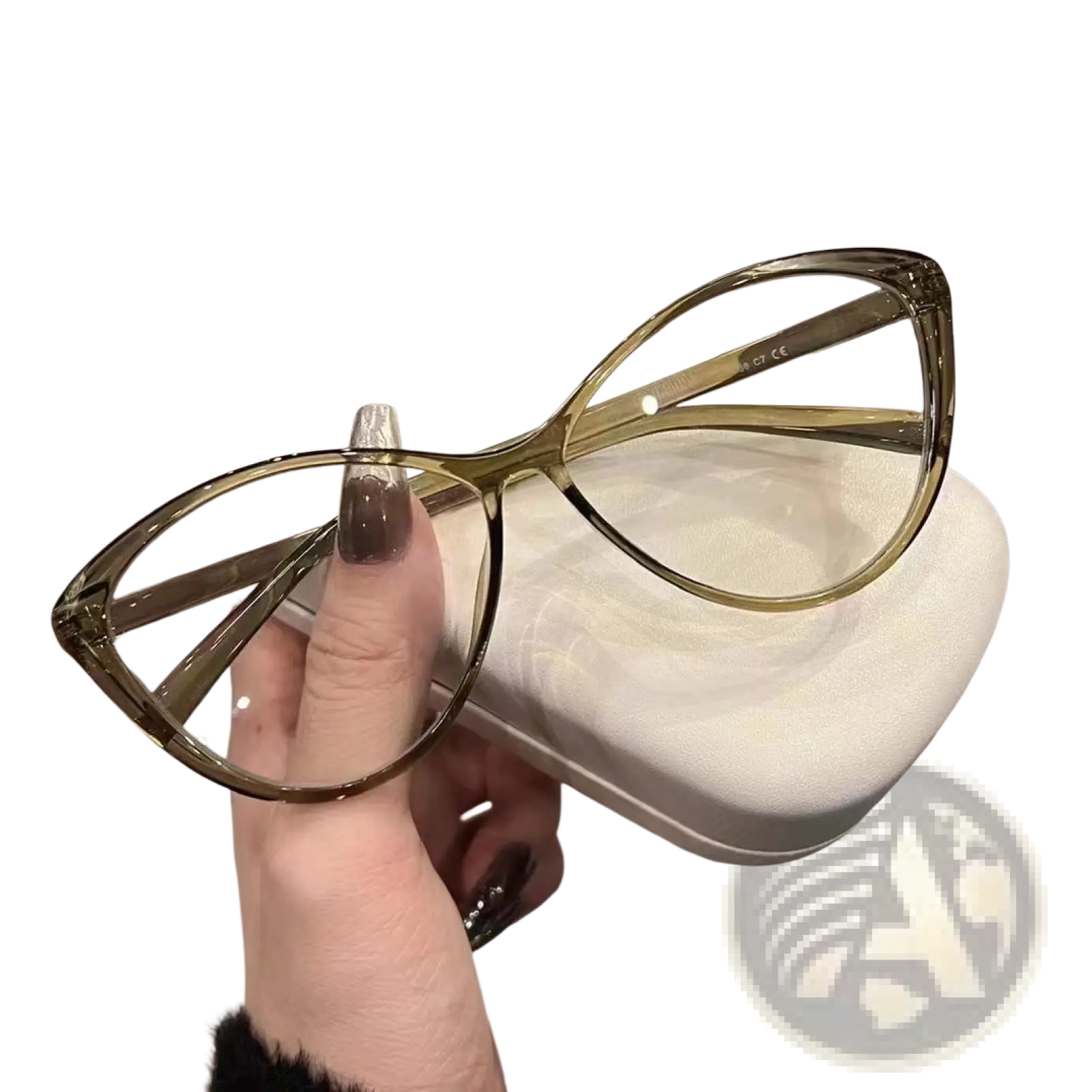 A pair of translucent olive-green retro cat eye UV380 lightweight fashion sunglasses with a sleek modern design