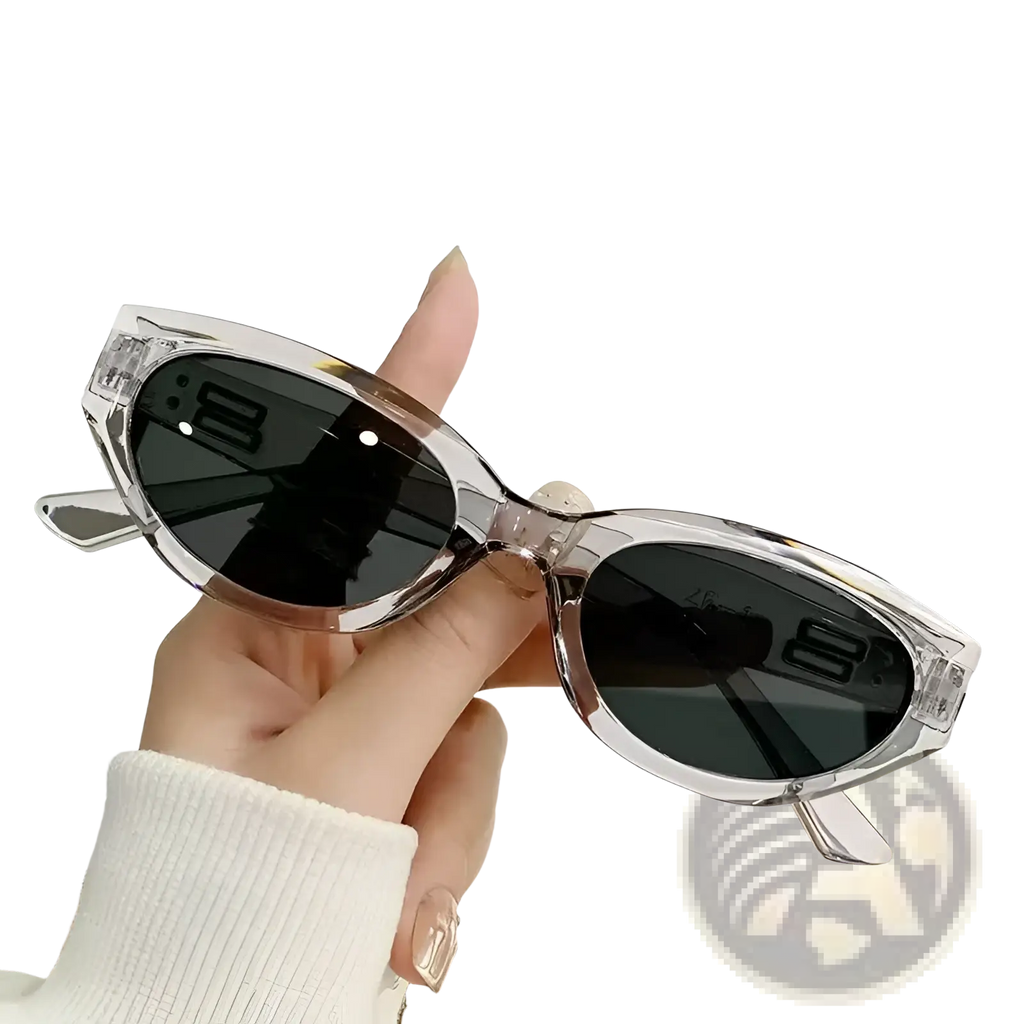 Clear acetate retro cat eye uv400 sunglasses with glossy frames and dark gray lenses for sun protection