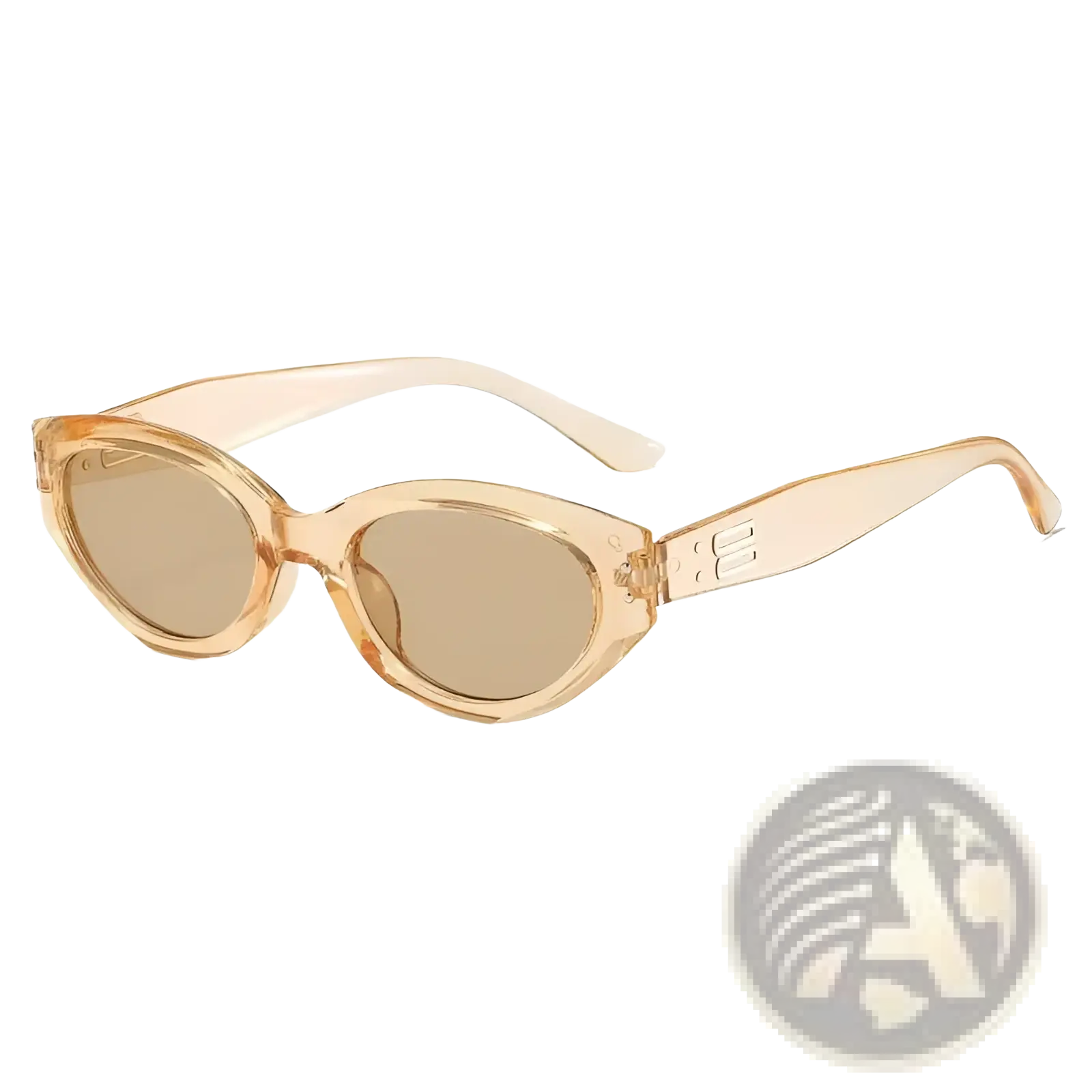 Translucent peach-colored retro cat eye uv400 sunglasses with glossy modern frames and subtle temple engravings