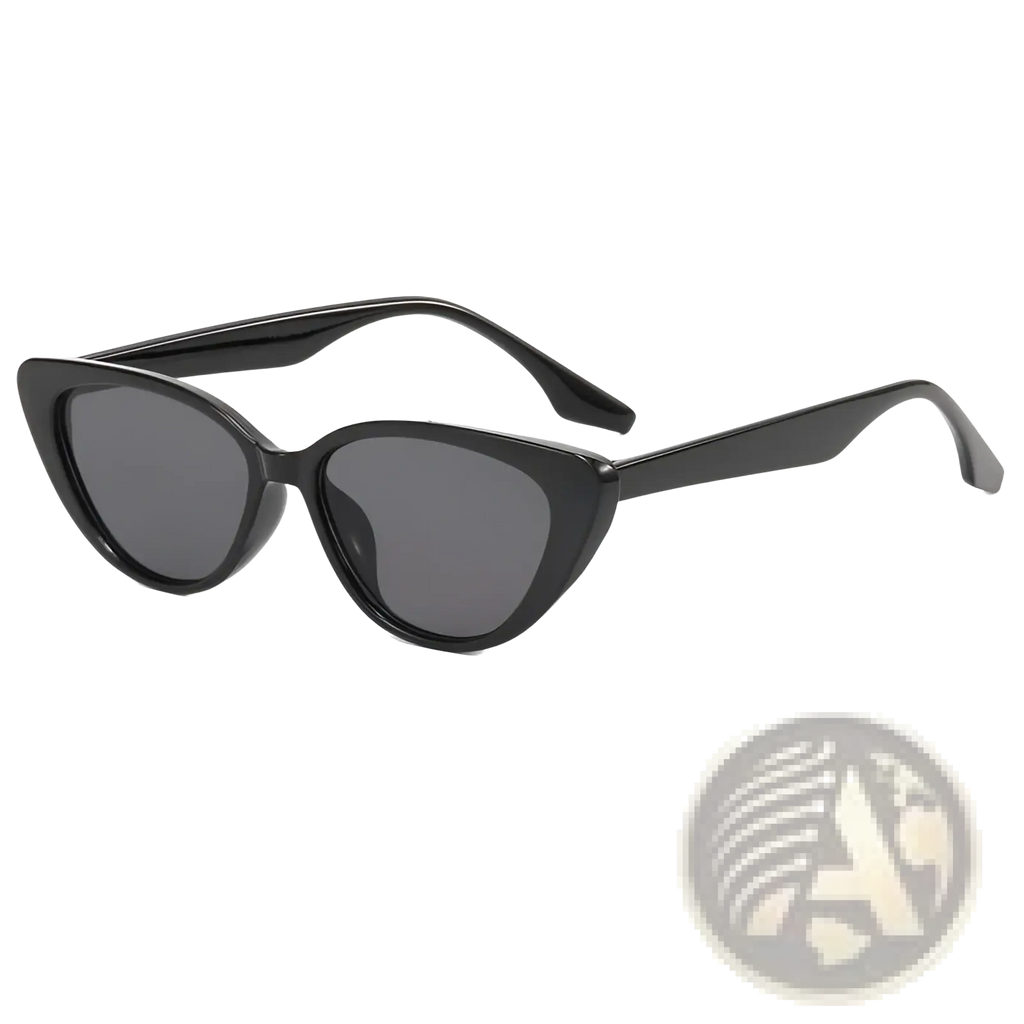 Black cat eye sunglasses with glossy frame and dark gray tinted lenses for a retro chic look