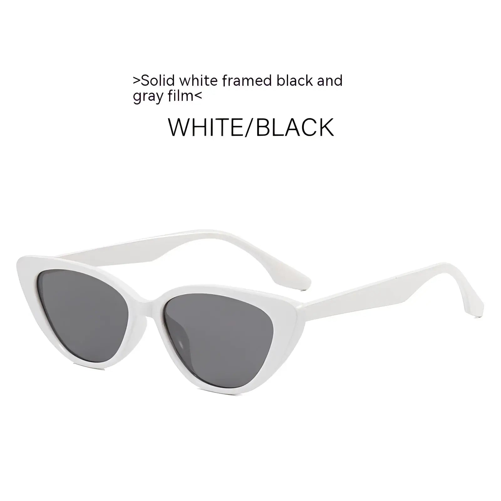 White-framed retro chic cat eye sunglasses with black and gray tinted lenses for stylish sun protection