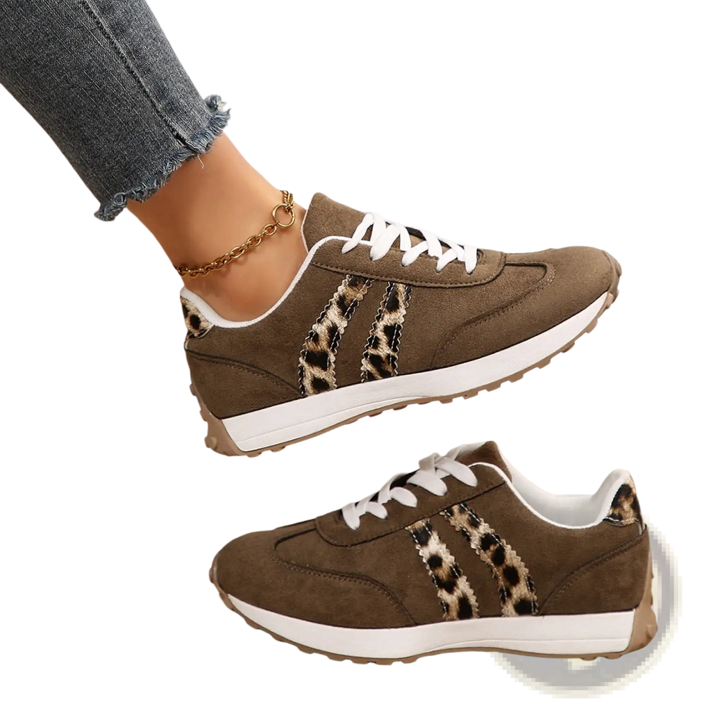 Brown suede retro chunky sneakers with breathable low top design leopard print stripes and white laces