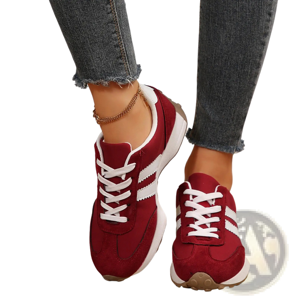 Retro chunky sneakers in maroon breathable suede with white stripes and laces low top shoes for casual wear
