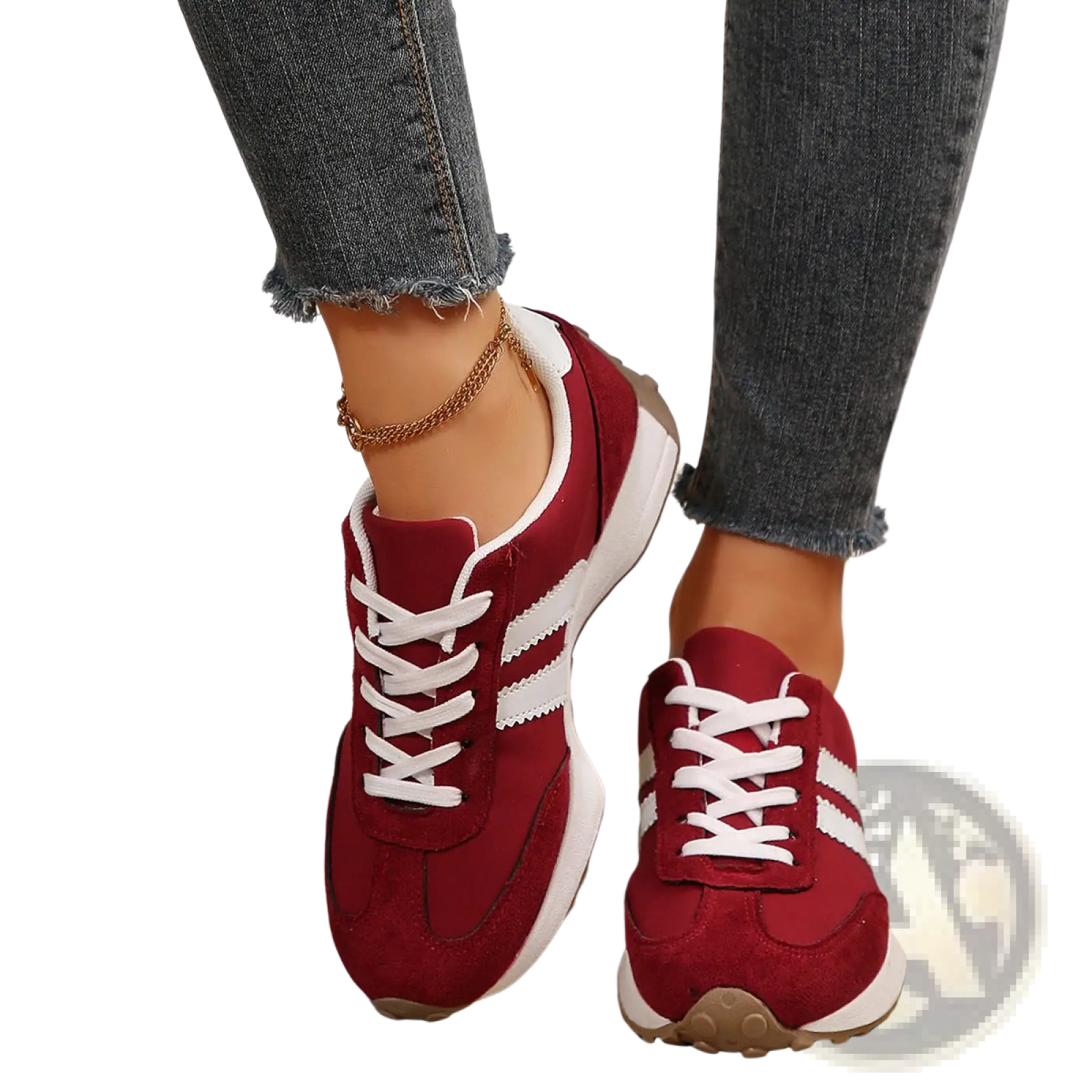 Retro chunky sneakers in maroon breathable suede with white stripes and laces low top shoes for casual wear