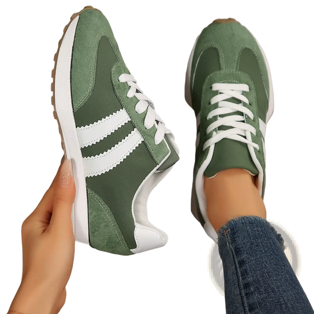 Olive green suede and white breathable retro chunky sneakers with low top design and three iconic stripes
