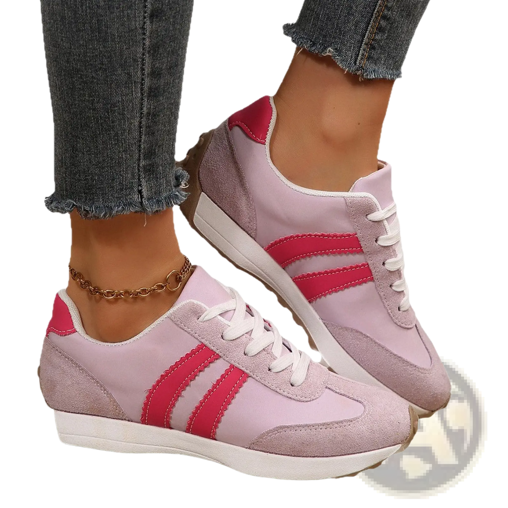 Retro chunky sneakers breathable suede low top shoes in pink and lavender with bold red stripes and chunky white sole