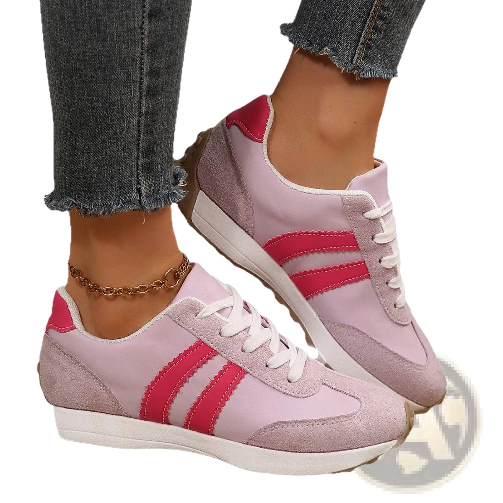 Retro chunky sneakers breathable suede low top shoes in pink and lavender with bold red stripes and chunky white sole