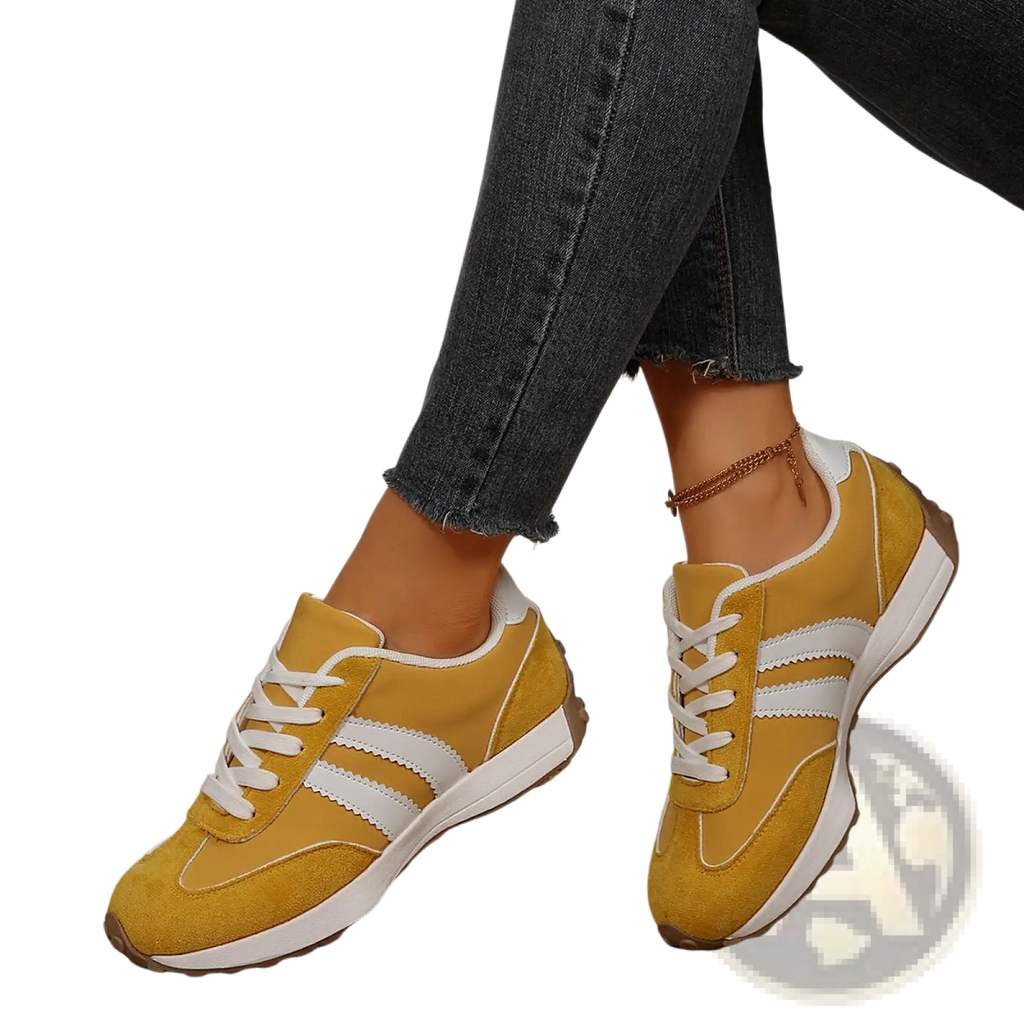 Yellow suede retro chunky sneakers with white stripes and laces breathable low top shoes for casual wear