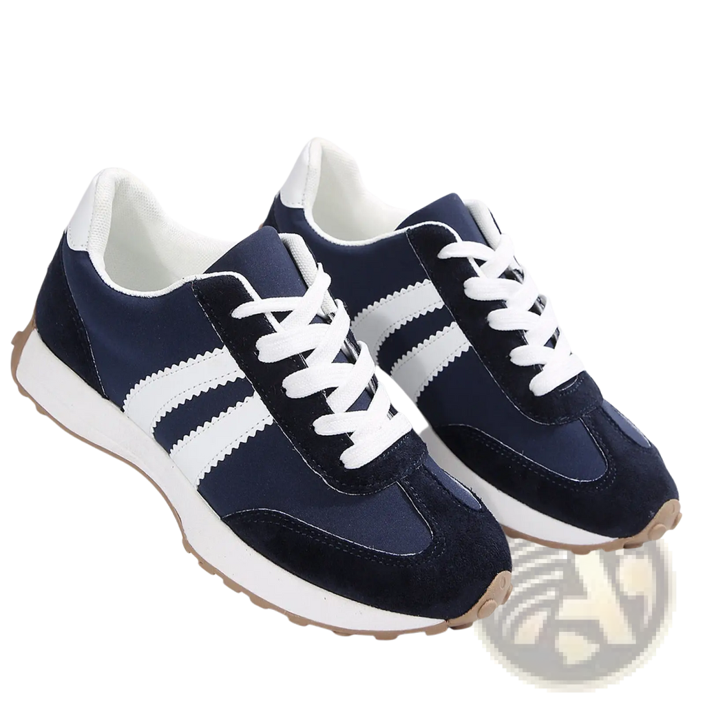 Navy blue and white retro chunky sneakers with suede and canvas breathable low top shoes featuring three stripes