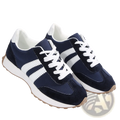 Navy blue and white retro chunky sneakers with suede and canvas breathable low top shoes featuring three stripes