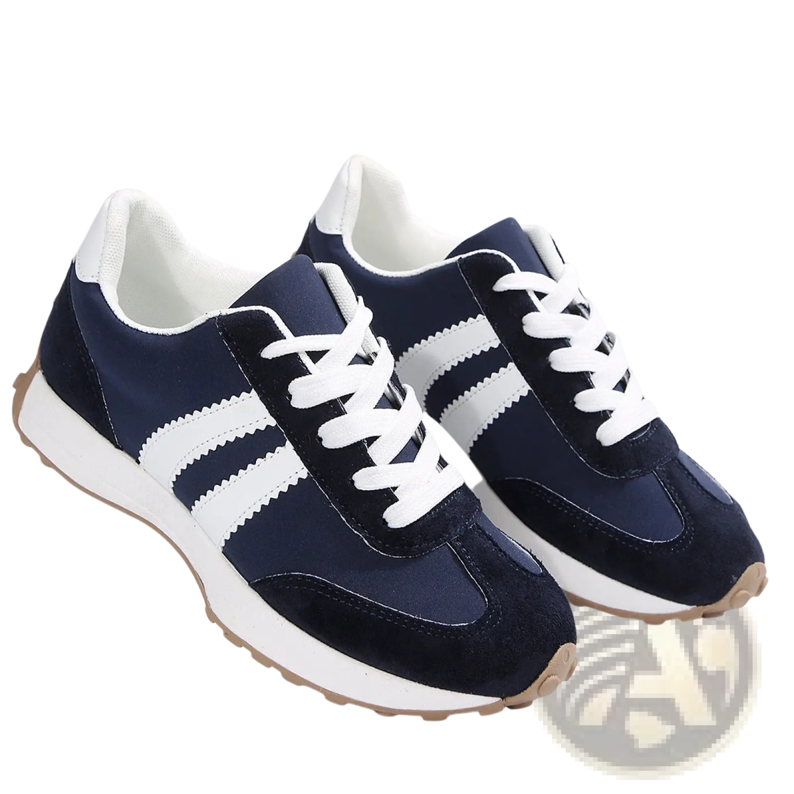 Navy blue and white retro chunky sneakers with suede and canvas breathable low top shoes featuring three stripes