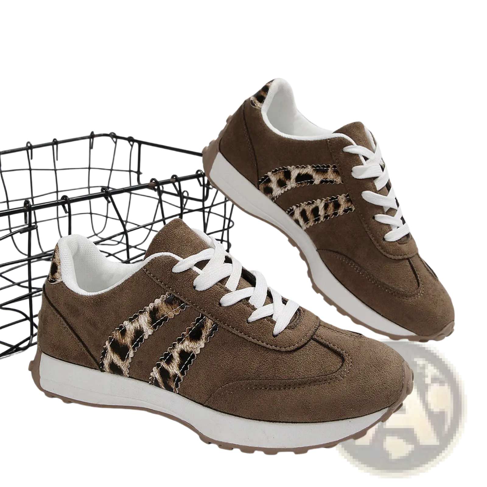 Retro chunky sneakers breathable brown suede low top shoes with white laces and leopard print stripes on the sides
