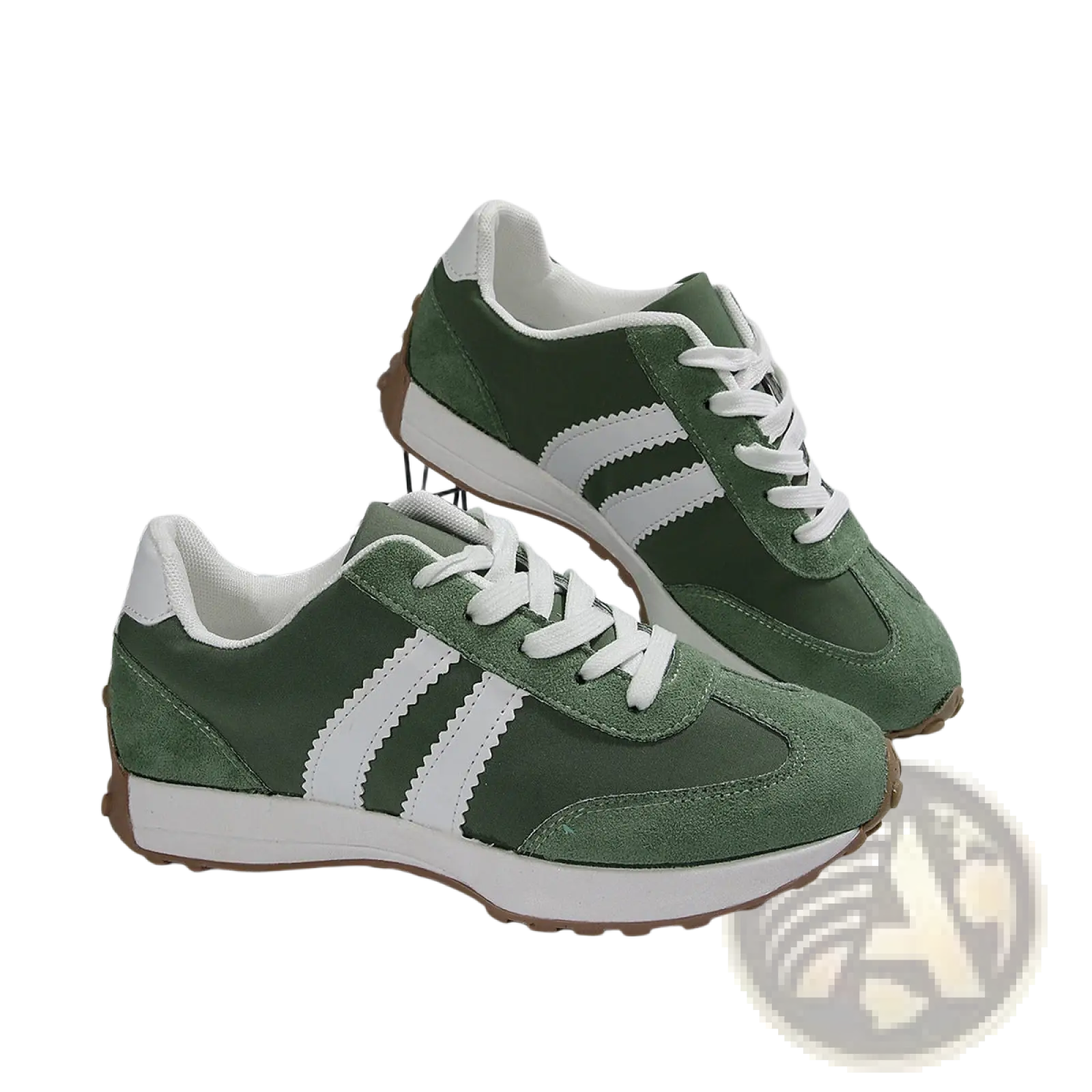 Olive green suede retro chunky sneakers with white zigzag stripes and tan rubber sole breathable low top shoes