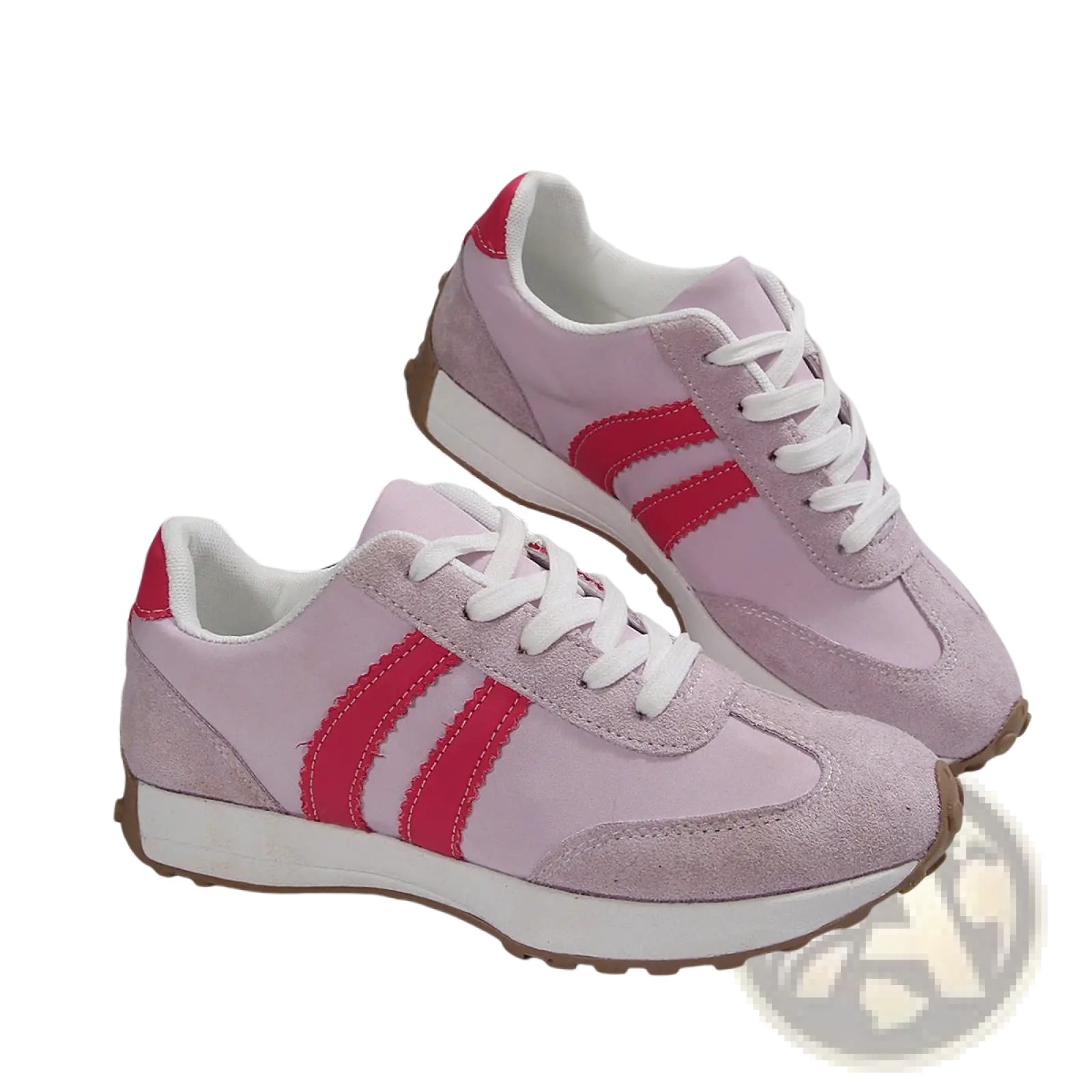 Pink and red breathable suede retro chunky sneakers low top shoes with white laces and a chunky sole