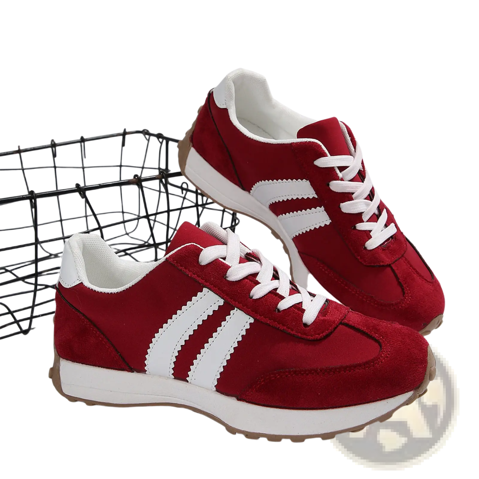 Red suede retro chunky sneakers with white stripes and laces featuring a breathable low top athletic design
