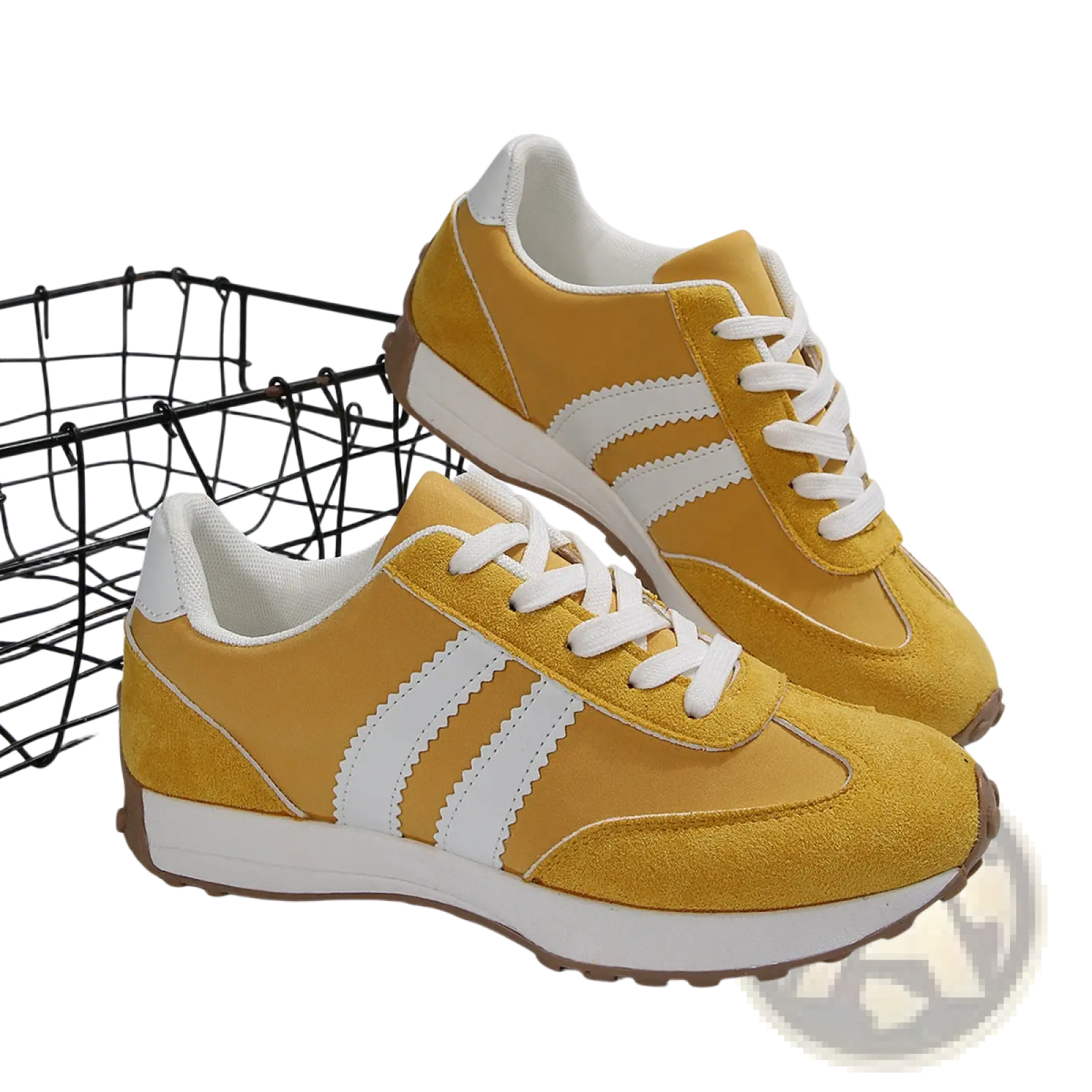 Yellow suede retro chunky sneakers with white stripes and laces breathable low top shoes for casual wear