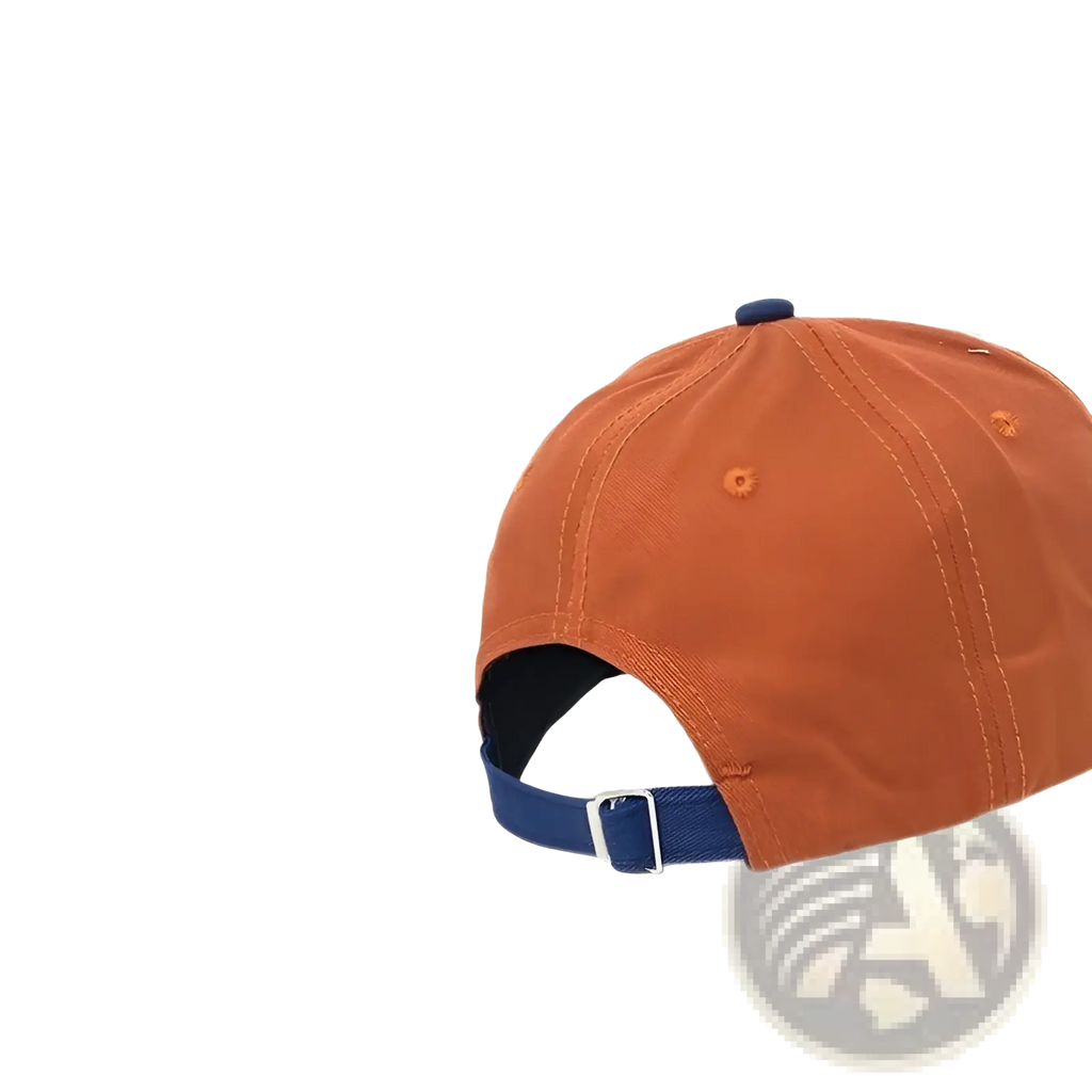 Orange cotton retro colorblock baseball cap with navy blue adjustable strap and matching button shown from the back