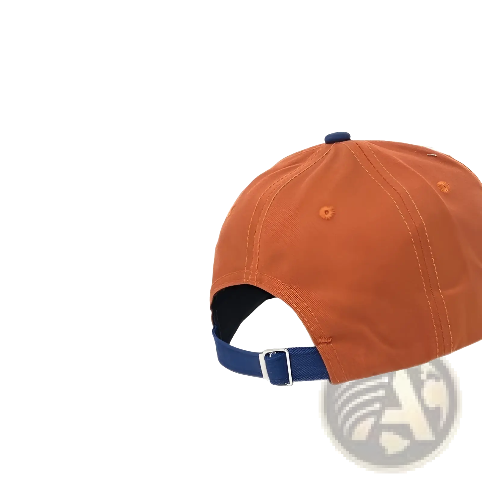 Orange cotton retro colorblock baseball cap with navy blue adjustable strap and matching button shown from the back