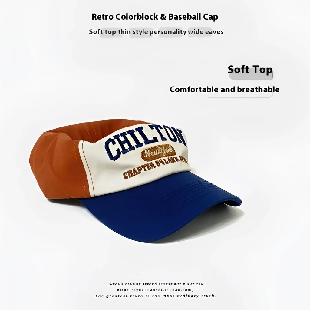 Retro colorblock baseball cap with soft top in orange white and blue panels and embroidered chilton lettering