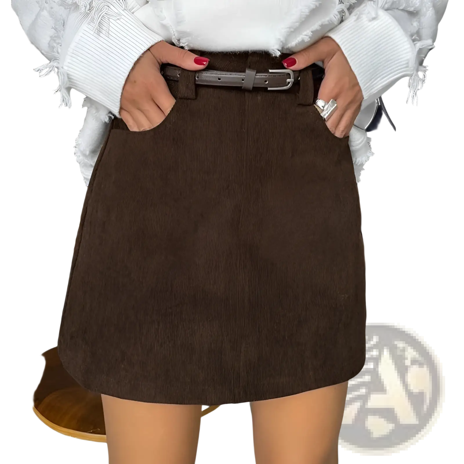 Retro brown corduroy mini skirt with a matching belt featuring a textured fabric and classic design