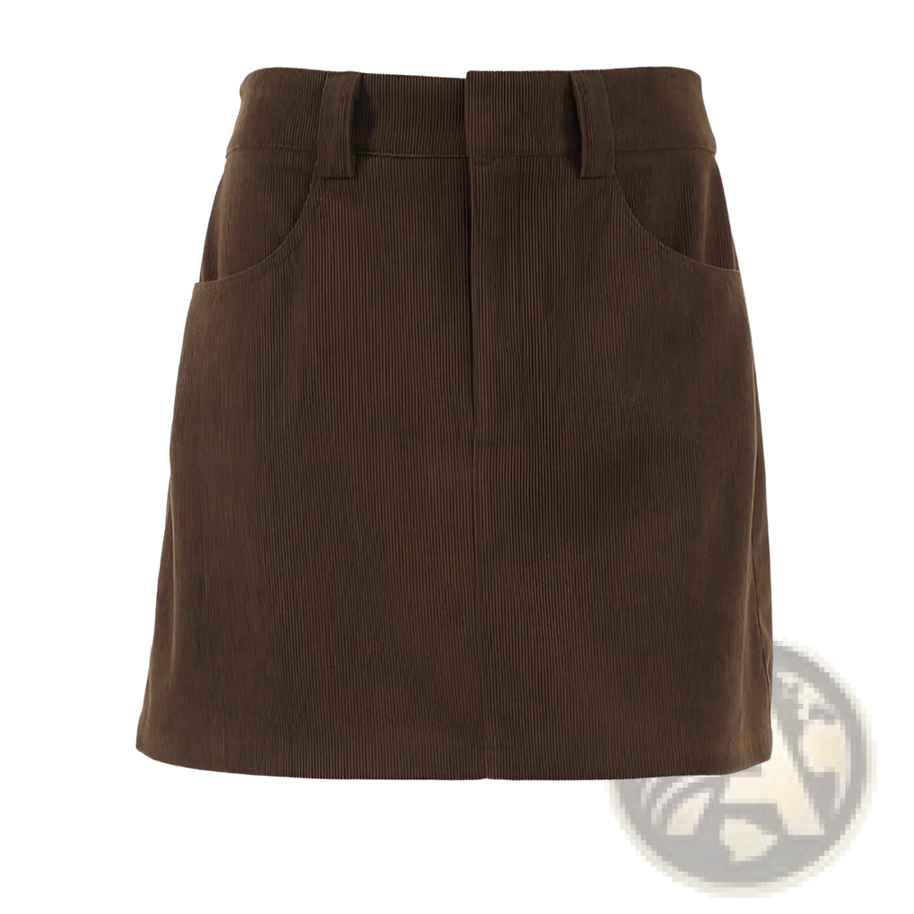 A brown corduroy mini skirt with front pockets a straight hem and a matching belt in retro style