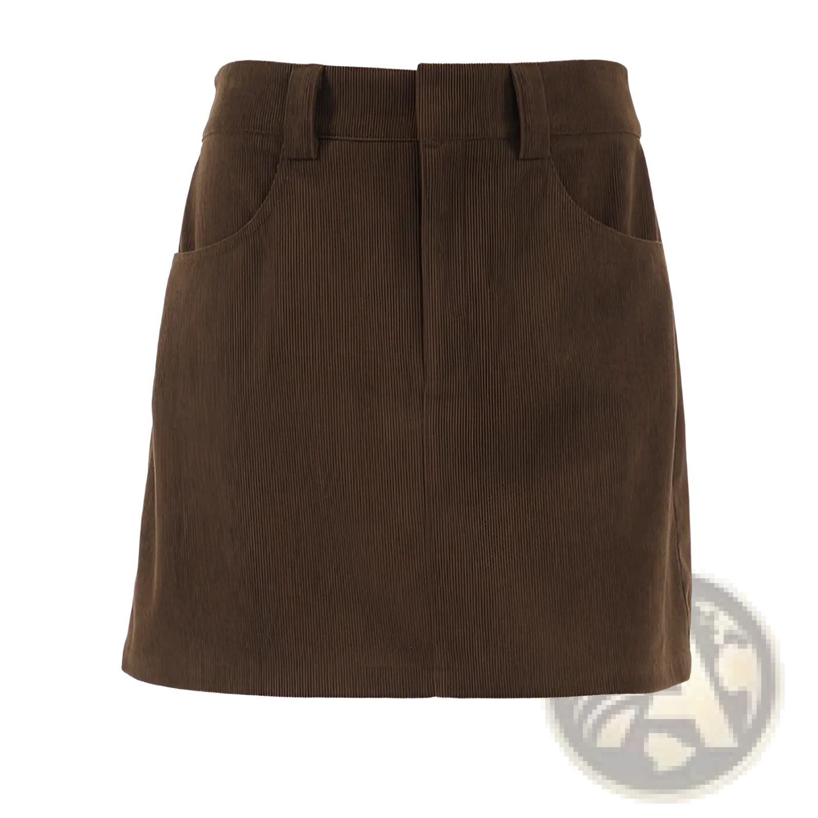 A brown corduroy mini skirt with front pockets a straight hem and a matching belt in retro style