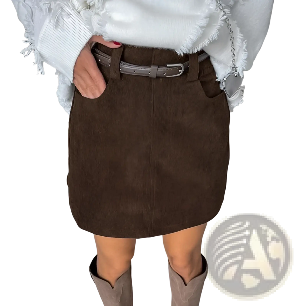 Brown corduroy mini skirt with matching belt featuring retro style and textured fabric for casual wear