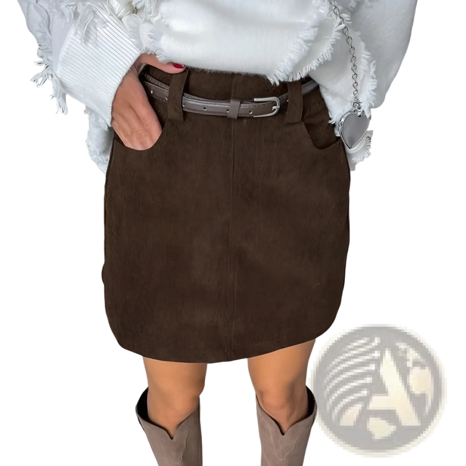 Brown corduroy mini skirt with matching belt featuring retro style and textured fabric for casual wear