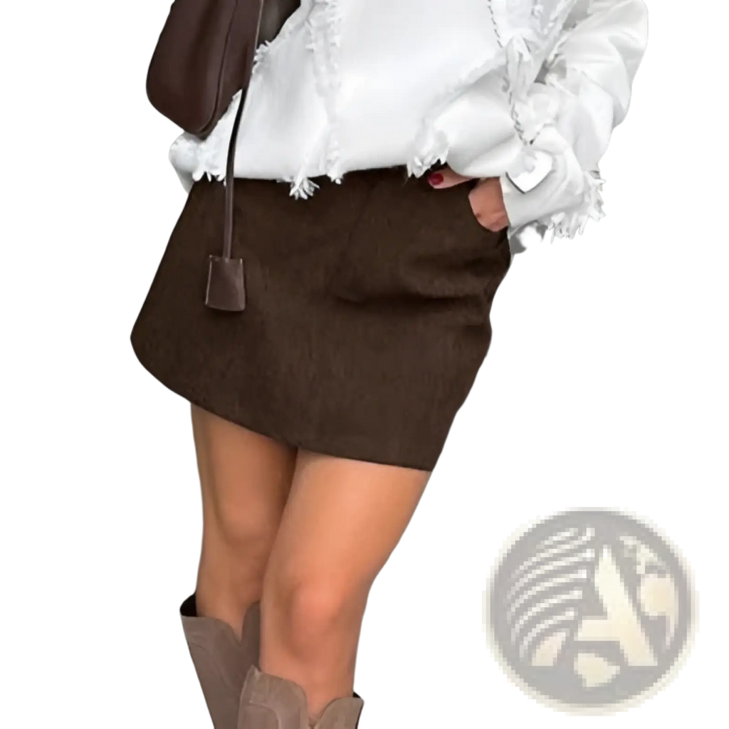 Retro brown suede mini skirt with frayed hem front pockets and matching belt in corduroy material