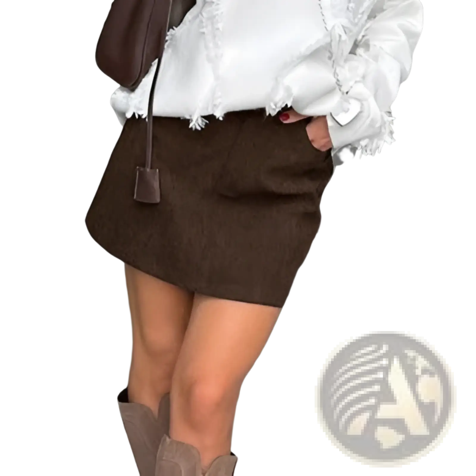 Retro brown suede mini skirt with frayed hem front pockets and matching belt in corduroy material