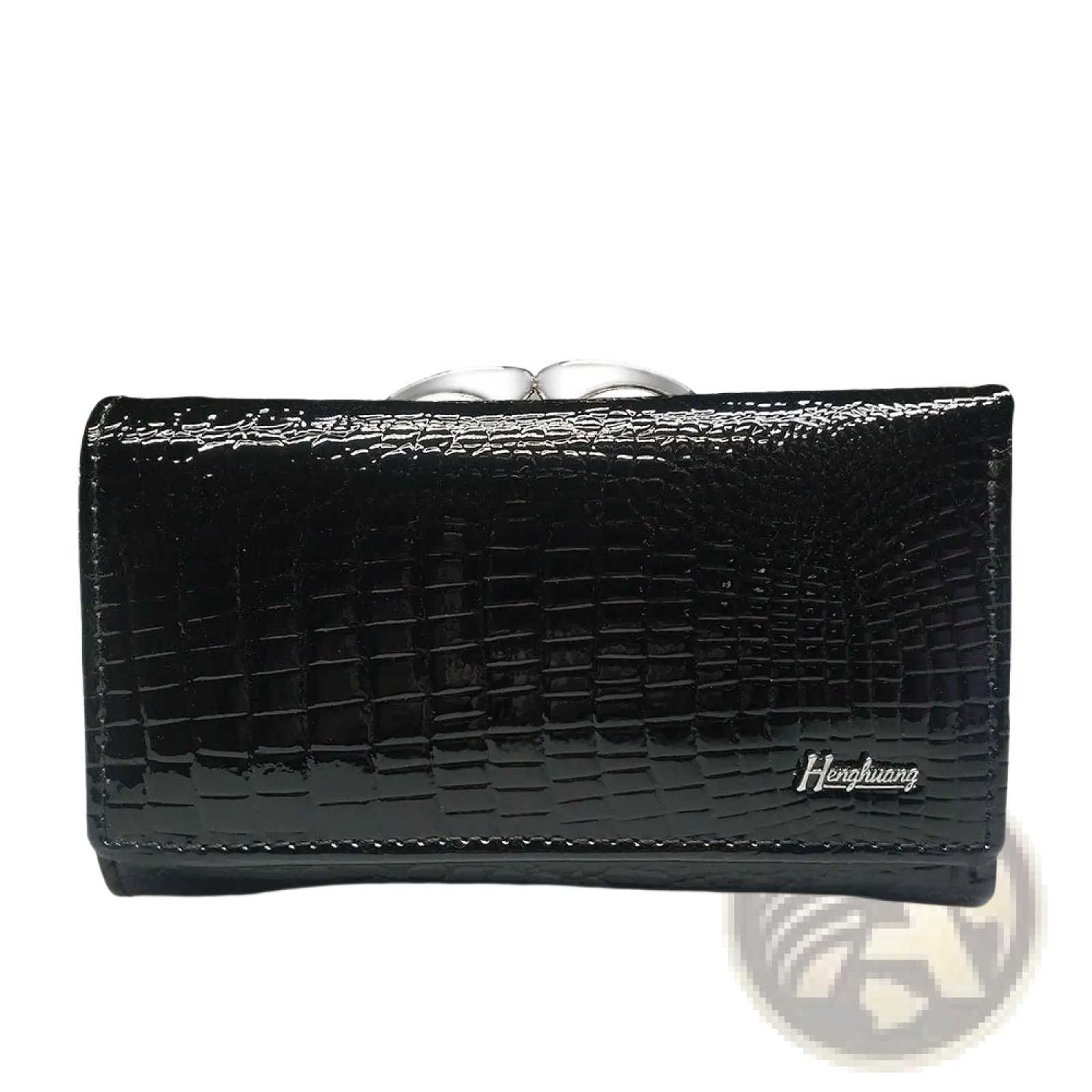 Black retro crocodile pattern leather trifold wallet with silver clasp and henghuang logo on front side