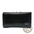Black retro crocodile pattern leather trifold wallet with silver clasp and henghuang logo on front side