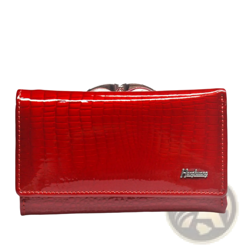 Retro crocodile pattern leather trifold wallet in vibrant red patent leather with silver-toned clasp
