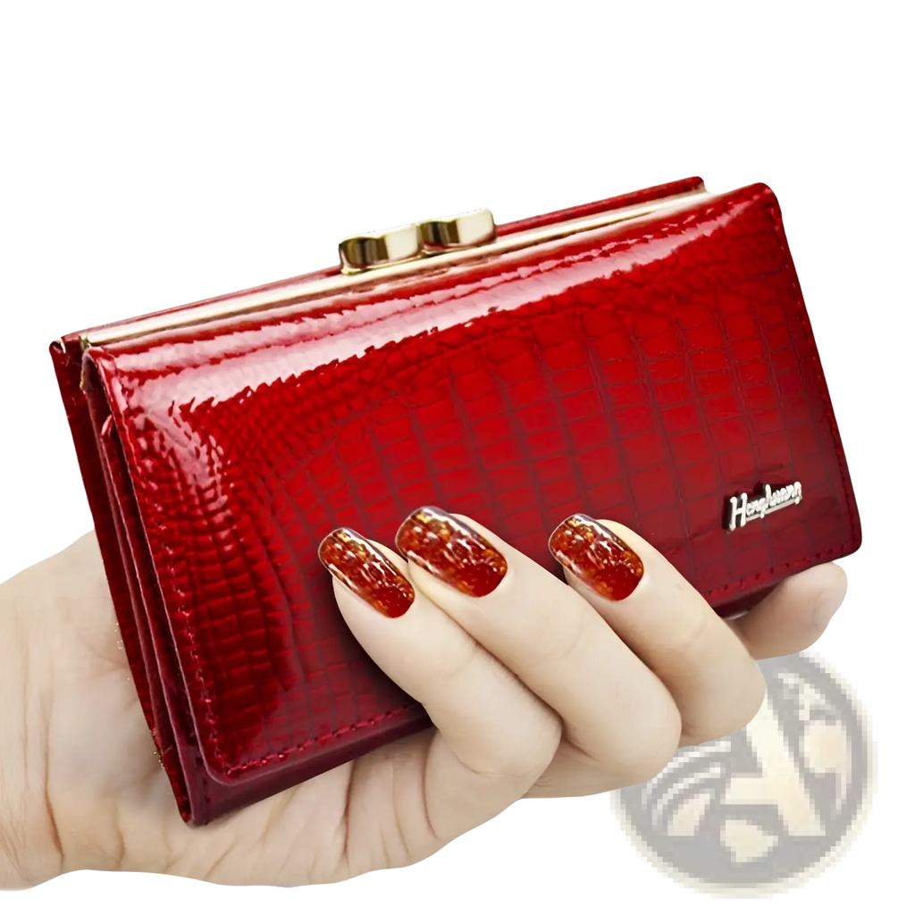 A glossy red retro crocodile pattern leather trifold wallet with gold clasp and henglong brand logo on the side