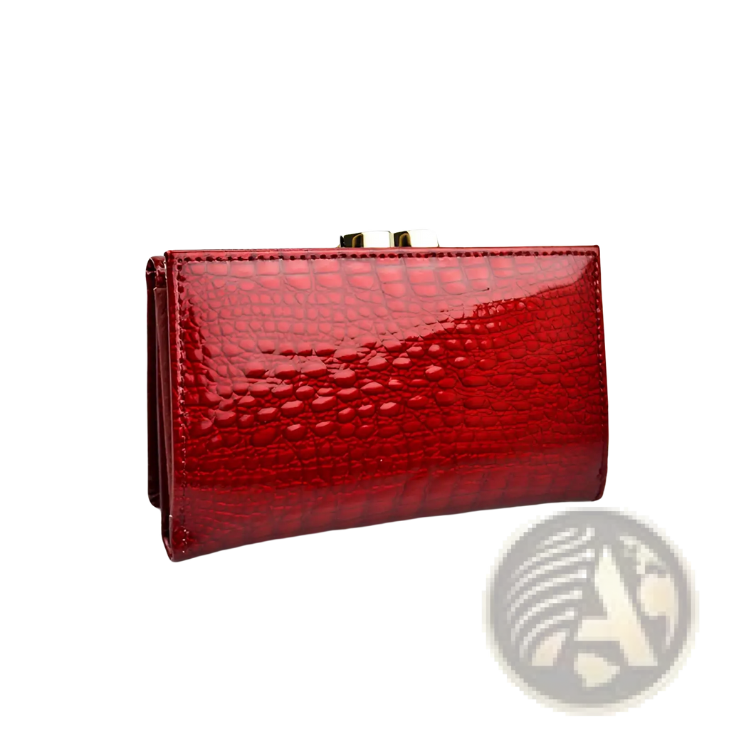 A glossy red retro crocodile pattern leather trifold clutch wallet with gold-tone clasp and textured finish