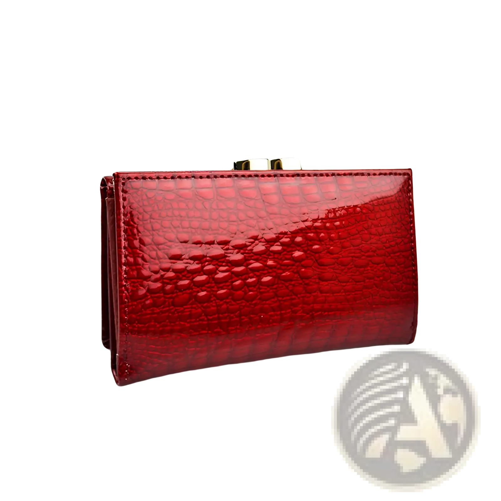 A glossy red retro crocodile pattern leather trifold clutch wallet with gold-tone clasp and textured finish
