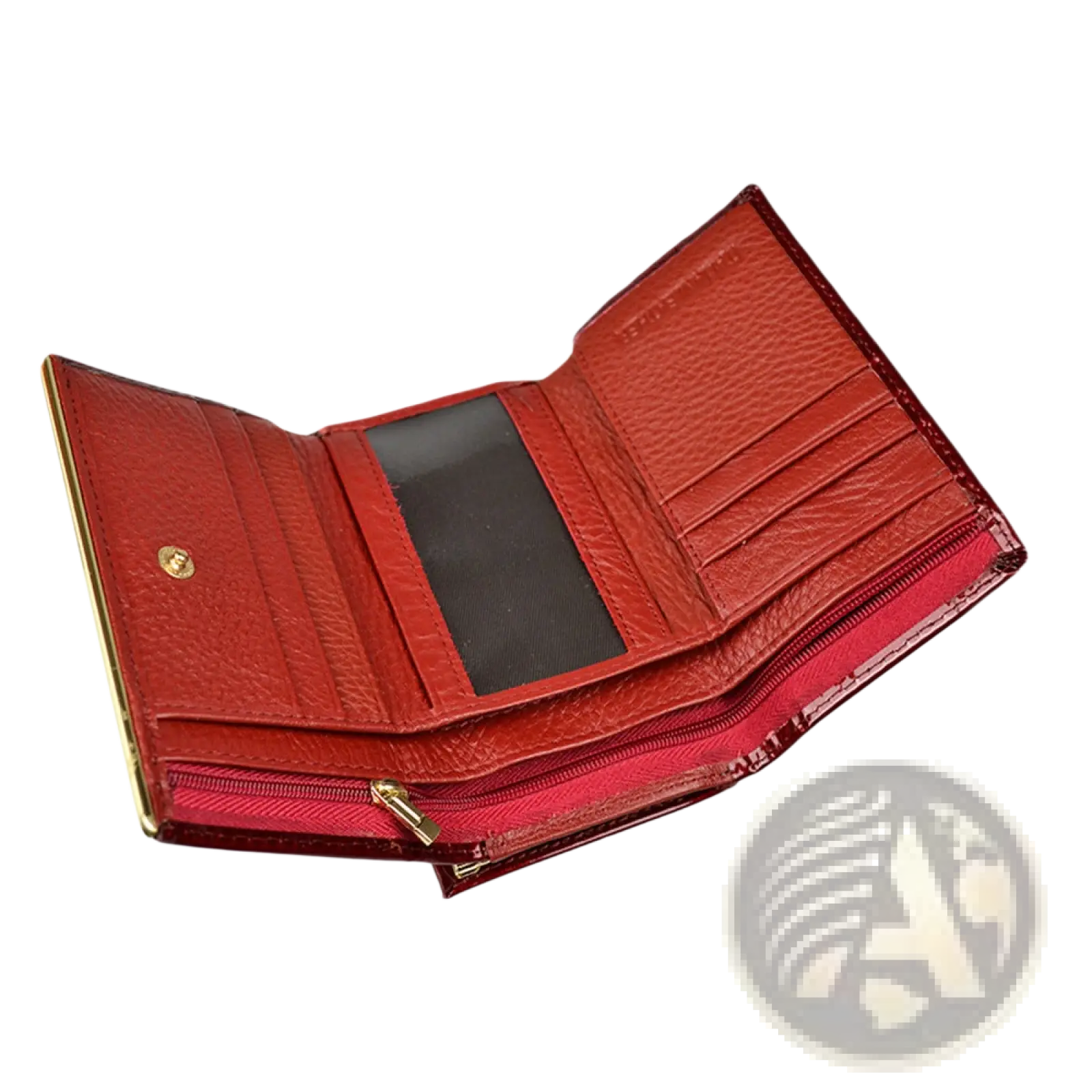 Red leather retro crocodile pattern tri-fold wallet with gold-tone hardware and zippered compartment