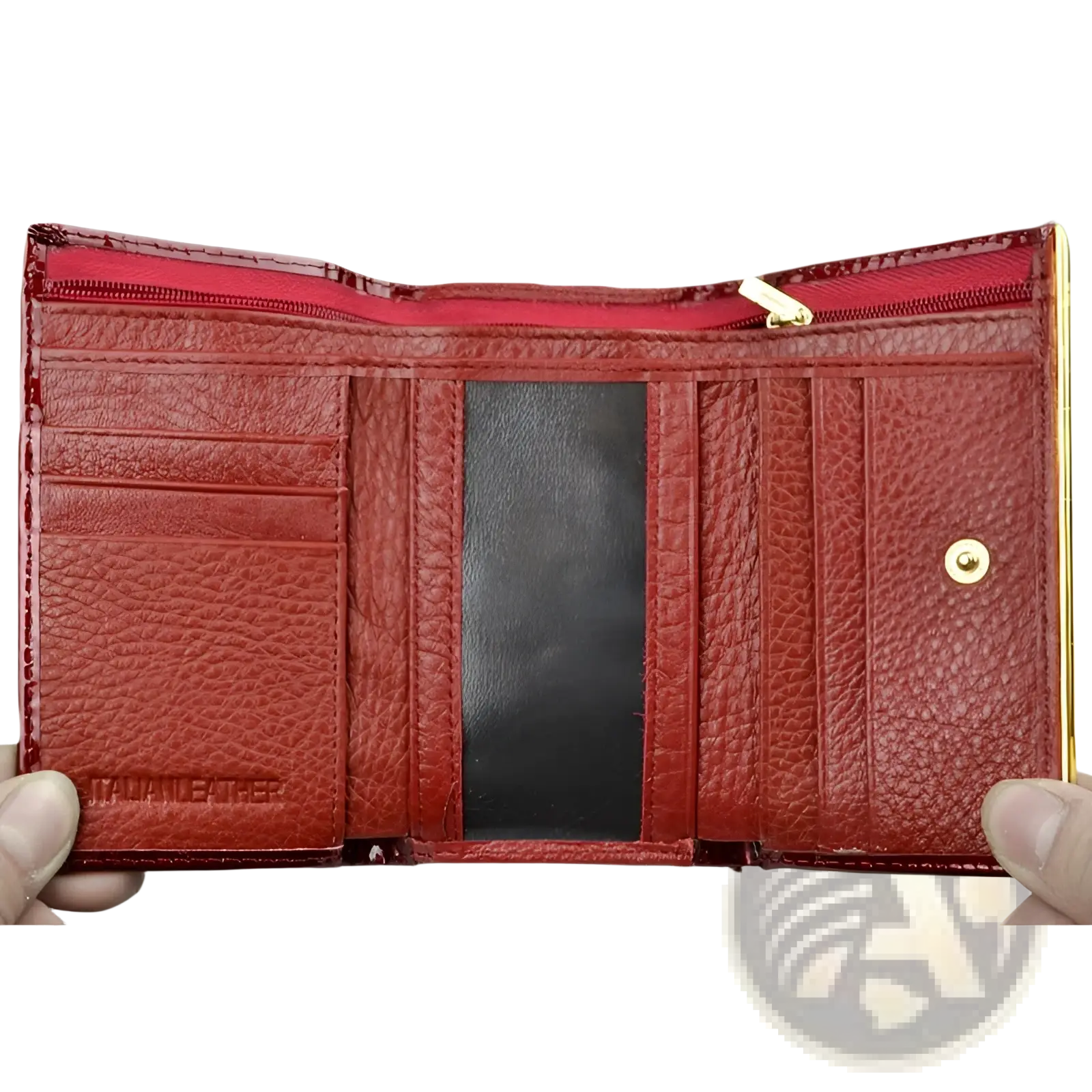 Red textured leather trifold wallet with retro crocodile pattern gold-tone zipper and snap button clasp closure